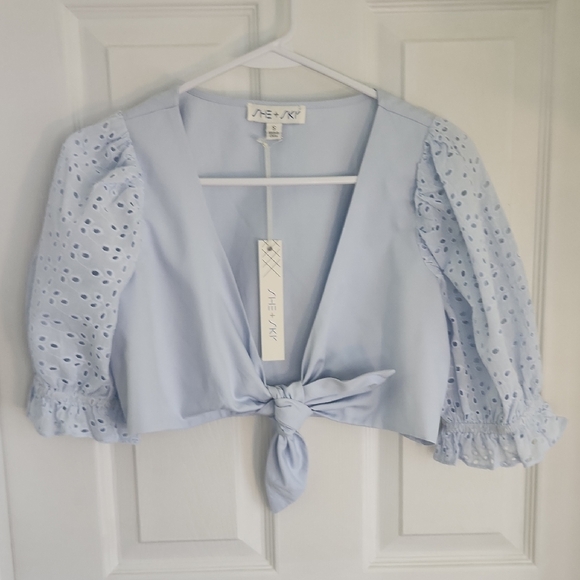 She + Sky Tops - She + Sky Light Blue Eyelet Tie-Front Blouse